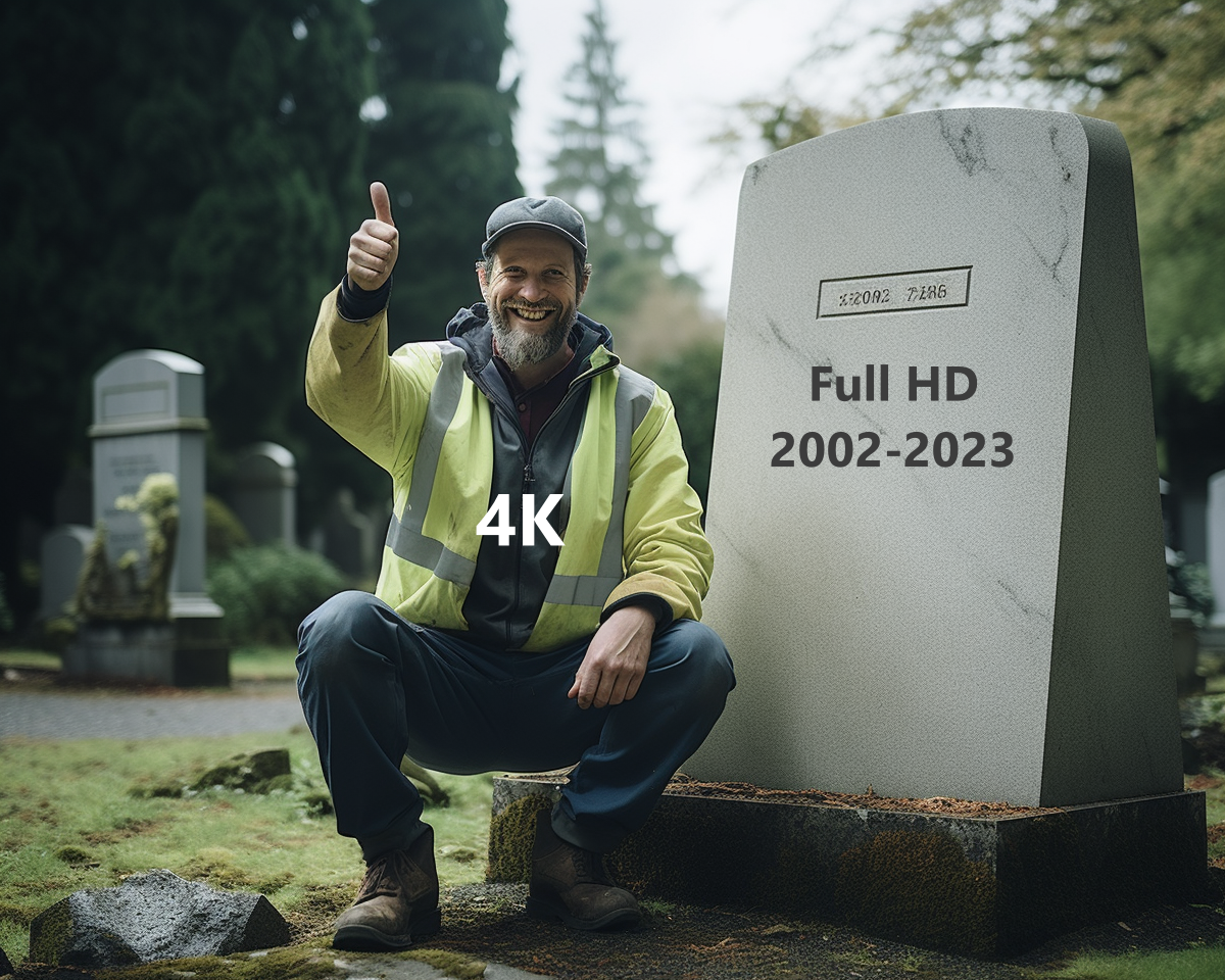 an image of a single big gravestone on a peaceful, serene cemetery. The gravestone is plain, facing directly forward and is modern, weather-beaten, creating a somewhat somber yet aesthetically pleasant atmosphere. Next to the tombstone is an expert AV installer crouching and showing a victory sign with one hand in the air and smiling straight ahead.